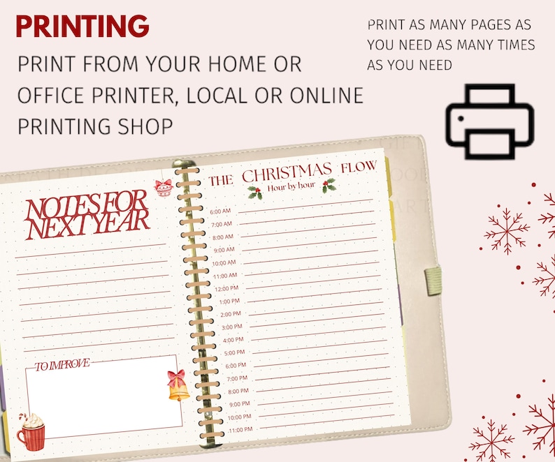 May include: A beige planner with a spiral binding, open to two pages with red text and illustrations. The left page says "NOTES FOR NEXT YEAR" and "TO IMPROVE". The right page is titled "THE CHRISTMAS FLOW". The image also includes text about printing.