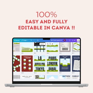 May include: A laptop screen shows a Canva design with the text "100% EASY AND FULLY EDITABLE IN CANVA !!". The design features magazine layouts with text and graphics, including "OUR RELATIONSHIP TIMELINE" and city names.