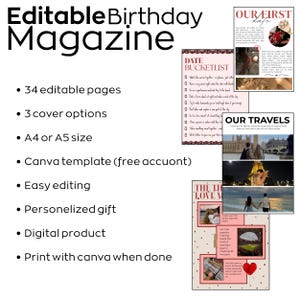 May include: An editable birthday magazine template titled "Editable Birthday Magazine". Features include 34 pages, 3 cover options, and A4 or A5 sizes. It's a Canva template, easy to edit, and a personalised digital gift. Includes a date bucket list.