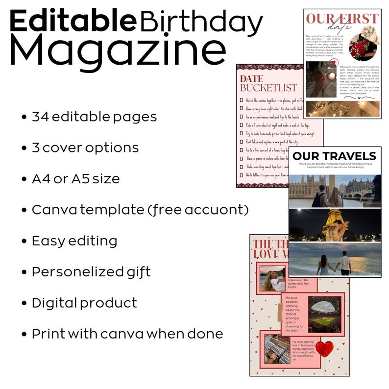 May include: An editable birthday magazine template titled "Editable Birthday Magazine". Features include 34 pages, 3 cover options, and A4 or A5 sizes. It's a Canva template, easy to edit, and a personalised digital gift. Includes a date bucket list.