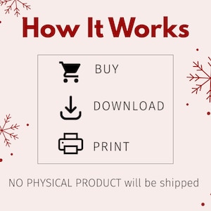May include: A light pink graphic with the text "How It Works" in red. The graphic shows a shopping cart, a download icon, and a printer icon with the words "BUY", "DOWNLOAD", and "PRINT" next to them. The text "NO PHYSICAL PRODUCT will be shipped" is at the bottom.