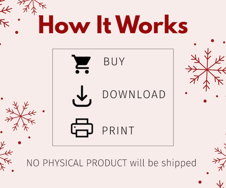 May include: A light pink graphic with the text "How It Works" in red. The graphic shows a shopping cart, a download icon, and a printer icon with the words "BUY", "DOWNLOAD", and "PRINT" next to them. The text "NO PHYSICAL PRODUCT will be shipped" is at the bottom.