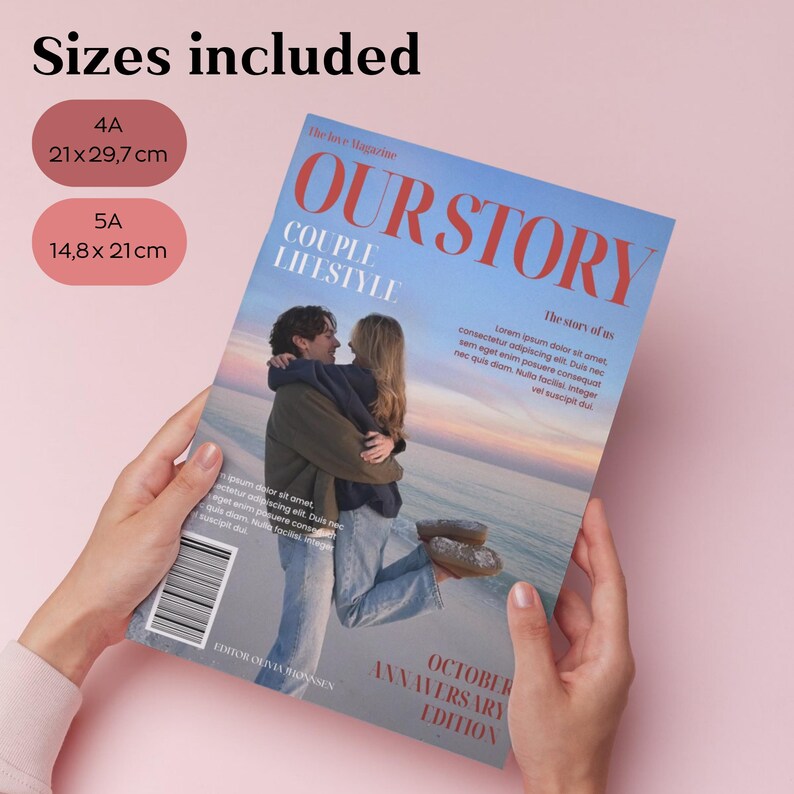 May include: A magazine cover titled "OUR STORY" featuring a couple embracing on a beach, held by hands against a pink backdrop. Text includes "COUPLE LIFESTYLE" and "OCTOBER ANNIVERSARY EDITION". Sizes: 4A (21 x 29.7 cm) and 5A (14.8 x 21 cm).
