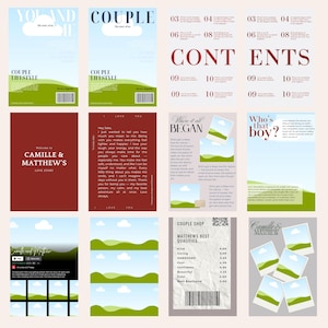 May include: A set of digital scrapbook pages with a nature theme. The pages feature text, photos, and graphics, including the words "Couple," "Contents," and "Camille & Matthew's Love Story." The colour palette includes green, blue, and burgundy.