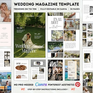 May include: A digital wedding magazine template featuring 34 pages, fully editable in Canva. The layout displays various wedding photography styles, floral arrangements, and text layouts, including a cover page with a couple in a grassy field.