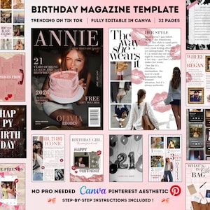 May include: A digital birthday magazine template featuring 32 pages with a pink and white color scheme. The layout includes a cover with a heart-shaped cake, various photo collages, text sections, and graphic elements like lip prints and balloons.