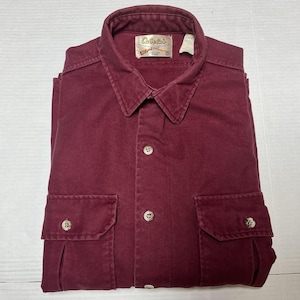Vintage Cabelas Chamois herrskjorta i stor, vinröd, kraftig, tillverkad i USA, arbetskläder
