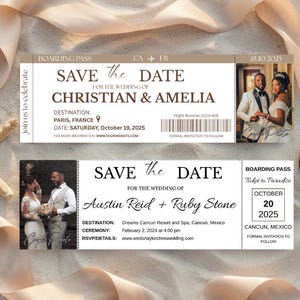 May include: Two wedding Save the Date boarding pass invitations. The top invitation is for Christian & Amelia, with a photo of the couple. The bottom invitation is for Austin Reid + Ruby Stone, with a photo of the couple. The background is a sandy beach.