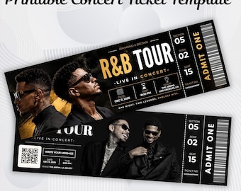 DIY Concert Ticket Template, Editable R&B Event Pass in Canva, Custom Music Souvenir Gift, Printable Black and Gold Ticket