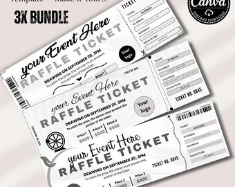 Bewerkbare sjabloon voor loterijticket afdrukbaar, set van 3 tickets voor inzamelingsacties voor evenementen en goede doelen, DIY-canva direct downloaden