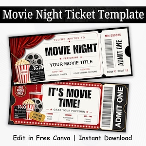 May include: Two rectangular movie night ticket templates featuring red curtains, popcorn buckets, film reels, and clapperboards. The top ticket reads Movie Night, Admit One, and includes placeholders for date, time, and location. The bottom ticket reads It's Movie Time, Admit One, with fields for starring, showing, and date.
