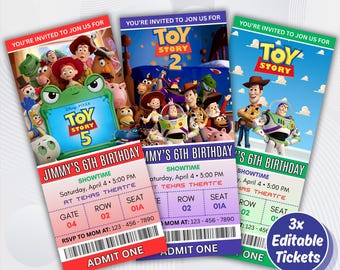 Uitnodiging bioscoopkaartje, Toy Story-verjaardagsuitnodiging, bewerkbare canvassjabloon, digitaal ticket kinderfilmavond