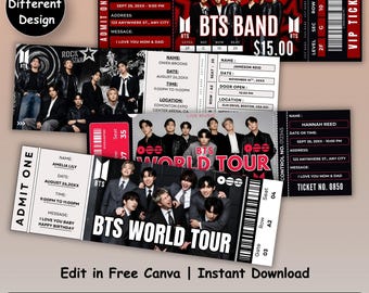 Sjabloon BTS-concertkaartje, bewerkbaar K-Pop-cadeau, aankondiging DIY-verrassingstour, gepersonaliseerde ARMY-souvenir