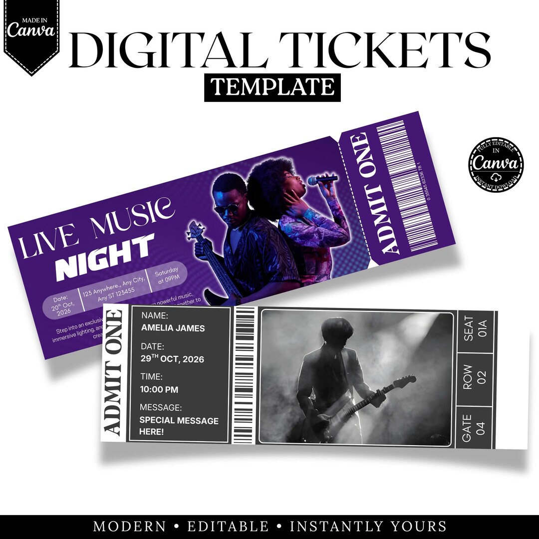 Digital Tickets Example Editable Event Ticket Template Canva, Admit One Concert Ticket ...