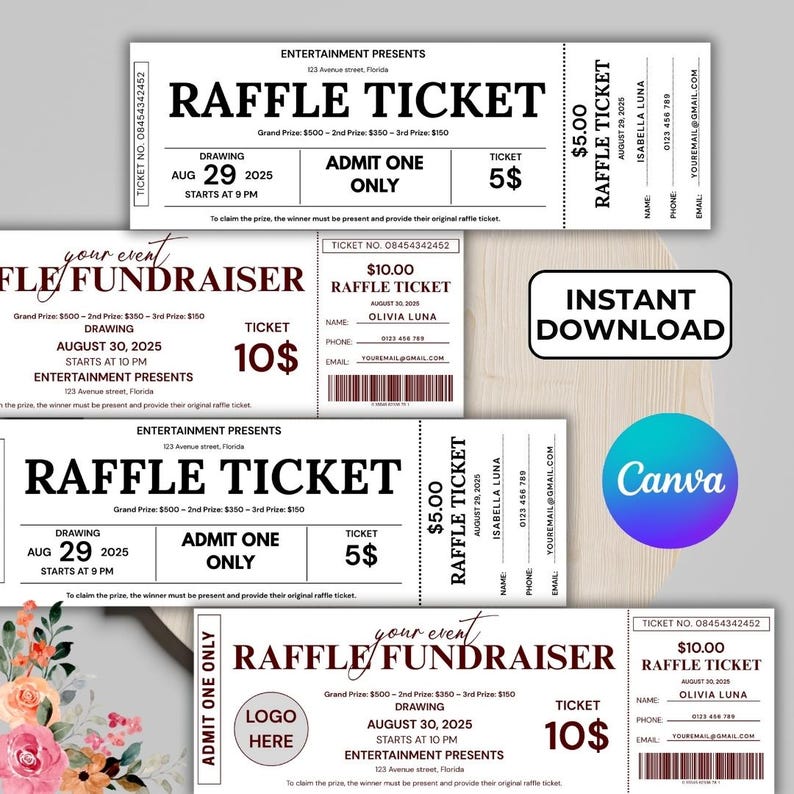 Editable Raffle Ticket Template Canva Fundraiser Ticket (digital