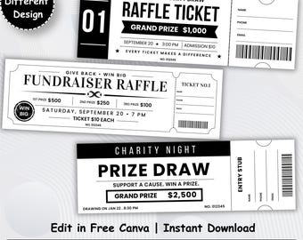 3x Editable Raffle Ticket Template Bundle, Canva Fundraiser Tickets, Prize Draw Charity Event Ticket, Printable Admission Ticket
