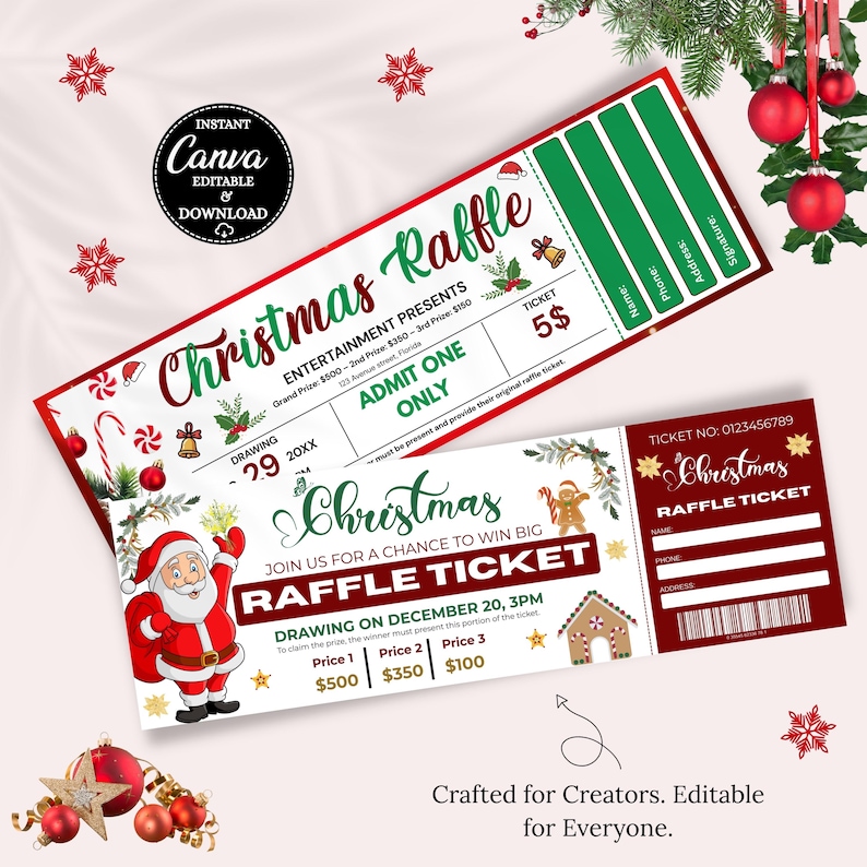 Design Santa Raffle Editable Christmas Raffle Ticket Template | Holiday Raffle Tickets ...