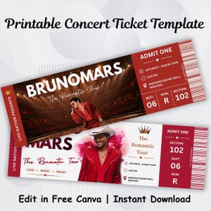 Op de afbeelding: Een printbaar concertticket-sjabloon voor de The Romantic Tour van Bruno Mars. Het ontwerp bevat een rood en wit kleurenschema, concertdetails zoals datum, tijd en locatie, en een foto van de artiest in een rood pak.