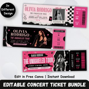 May include: Three editable concert ticket templates for an Olivia Rodrigo The Unraveled Tour event. Each ticket features pink and black color schemes, concert details, a barcode, and a photo of a performer playing a guitar on stage.