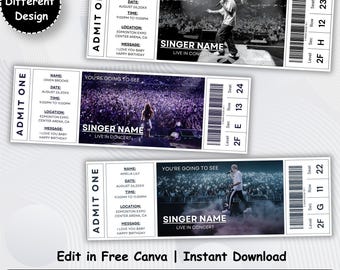 Bewerkbaar sjabloon voor concertkaartjes, 3 zelfgemaakte evenementkaartjes, verrassingscadeau voor concert, printbaar Canva-kaartje, direct te downloaden
