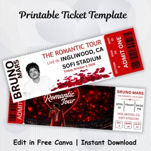 Peut inclure: Un modèle de billet imprimable pour la tournée The Romantic Tour de Bruno Mars au SoFi Stadium à Inglewood, CA. Le design comprend un portrait en noir et blanc, des pétales de rose rouges, une photo de concert et des détails de section, rangée et siège.