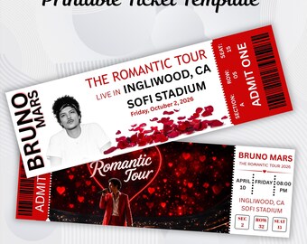 Bewerkbaar pakket met sjablonen voor concertkaartjes, romantische rode Canva-ontwerpen als aandenken met aangepaste evenementdetails.