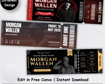 Editable Concert Ticket Canva Template Bundle, 3 Printable Country Music Event Passes, Custom Birthday Surprise Gift, Instant Download