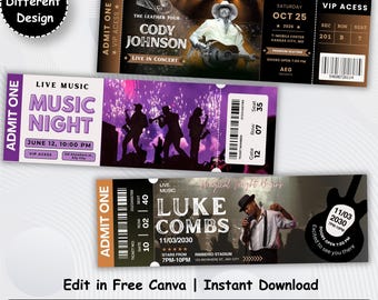 Editable Concert Ticket Template Bundle, Canva Music Event Ticket, VIP Admission Pass, Custom Live Show Ticket, Printable Party Ticket