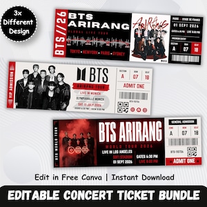 Puede incluir: Un paquete de tres diseños de entradas de concierto editables para la gira mundial BTS Arirang 2026. Cada entrada presenta esquemas de color negro, blanco y rojo, fotografías del grupo y detalles del evento como fechas y asientos.