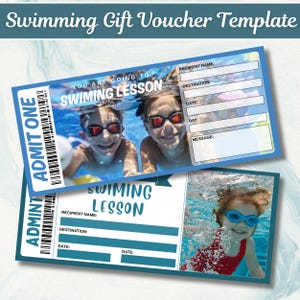 May include: A swimming gift voucher template featuring two rectangular cards with blue borders. The top card shows two children in goggles in a pool with text reading ADMIT ONE and YOU ARE GOING TO SWIMMING LESSON. The bottom card shows a child in goggles.