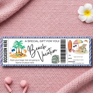 Może przedstawiać: Bon upominkowy na wakacje na plaży z niebieską obwódką. Bon zawiera ilustracje palm, sceny na plaży i plecaka. Tekst zawiera "A Special Gift For You!" i "Beach Vacation."