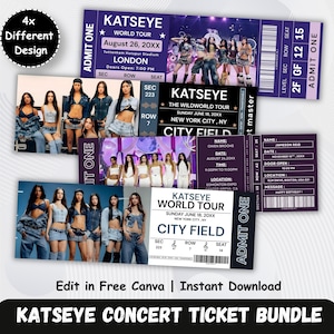 May include: A bundle of four different Katseye concert ticket designs featuring group photos of the members, event details like tour dates, venues, and seat information, with text including Katseye World Tour, City Field, and editable fields.