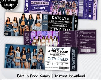 Bewerkbare Canva-sjabloon voor K-popconcertkaartjes, uitnodiging voor de wereldtournee van een meidengroep, printbaar kaartje voor een fanfeest, digitale download