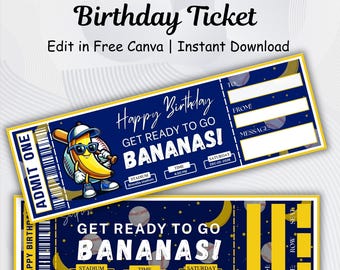 Editable Banana Birthday Ticket Canva Template, Funny Baseball Party Invitation Ticket, Kids Sports Theme Invite, Printable Surprise Ticket