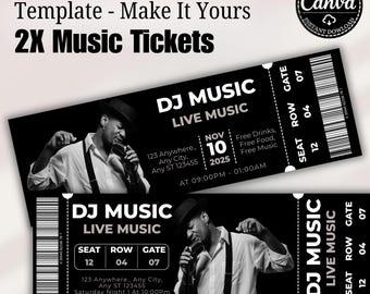 Bewerkbare concertkaartsjabloon Canva, afdrukbaar aangepast evenementticketcadeau voor verjaardagsverrassing of speciale gelegenheid, digitale download