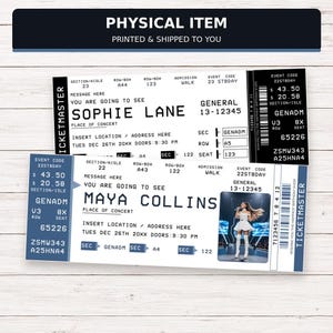 May include: Two rectangular event tickets with black and white text and graphics. The top ticket features the name Sophie Lane, while the bottom ticket displays the name Maya Collins and a small color photograph of a performer in a white outfit.