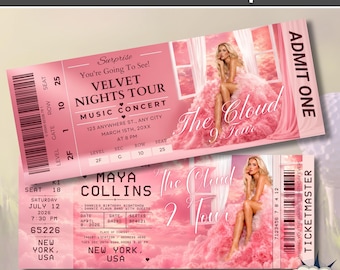 Bewerkbare Canva-sjabloon voor concertticket, afdrukbaar evenementticket DIY, cadeaubon verrassingsconcert digitale download