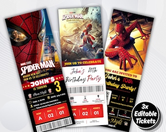 Editable Superhero Movie Ticket Invitation Bundle, 3 Comic Hero Birthday Party Invites, Printable Canva Template, Instant Download
