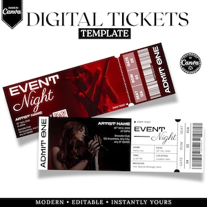 Könnte beinhalten: Zwei Event-Ticket-Vorlagen in Rot und Schwarz. Das obere Ticket zeigt einen Musiker, der Gitarre spielt. Das untere Ticket zeigt eine Sängerin mit einem Mikrofon. Beide Tickets tragen den Text "EVENT Night" und "ADMIT ONE".