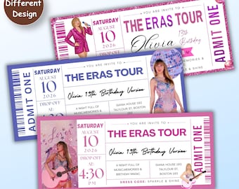 Tijden Tour Ticket verjaardagsuitnodiging, uitnodiging popmuziek feest, bewerkbare Canva-sjabloon voor concertticket