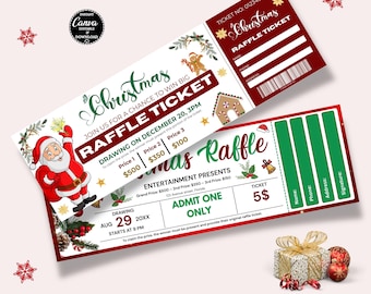Bewerkbare kaartsjabloon voor kerstloterij |  Kaartjes voor de feestdagen | Afdrukbaar ticket voor kerstinzamelingsactie | Ontwerp canvas uitnodiging