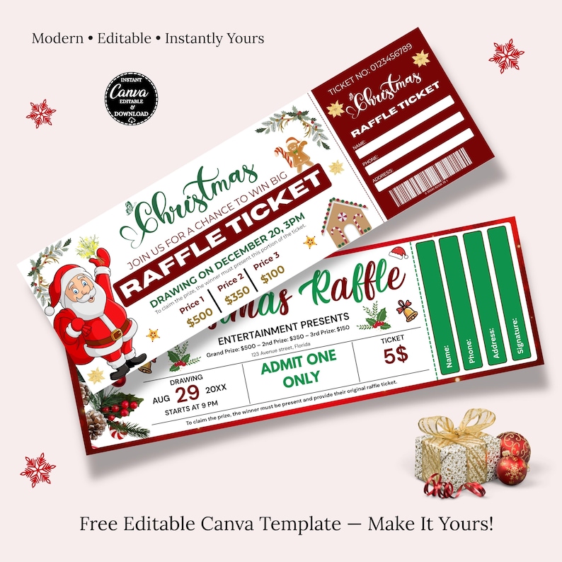 Editable Christmas Raffle Ticket Template | Holiday Raffle Tickets ...