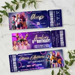 Może przedstawiać: Trzy bilety na przyjęcie urodzinowe z fioletowo-niebieskim wzorem. Każdy bilet zawiera inną grupę animowanych postaci i tekst "Olivia's 9th Birthday", "Amelia's 8th Birthday!" i "Olivia Authors 12th Birthday!"