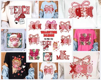 Könnte beinhalten: Eine Sammlung von Designs zum Valentinstag mit Schleifen, Herzen und den Wörtern „TEACH“, „LOVE“, „MOM“ und „BE MINE“. Die Designs sind auf verschiedenen T-Shirts und einem Kissen abgebildet, zusammen mit einer Grafik von Santa Claus mit einer Kaugummiblase.