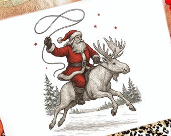 May include: A whimsical illustration depicts Santa Claus in a red suit and hat, riding a reindeer and holding a lasso. The image has a vintage style with a snowy landscape and pine trees in the background. Red stars are scattered across the white background.