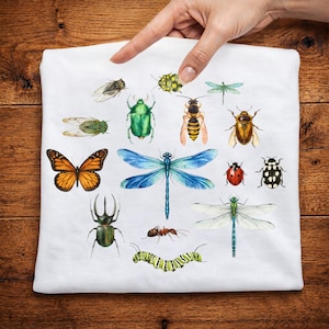 May include: White t-shirt with a variety of insect illustrations, such as a butterfly, dragonfly, beetle, and ladybug. The insects are depicted in a detailed, artistic style. The shirt is held by a hand.
