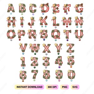 Peut inclure: Un ensemble de lettres de l'alphabet et de chiffres sur le thème de Noël, décorés de houx, de cannes en sucre et de boules de Noël. Des étoiles dorées et des pommes de pin ornent les lettres, avec un code couleur rouge et vert. Le texte "INSTANT DOWNLOAD", "300 DPI", "PNG", et "SVG" est inclus.