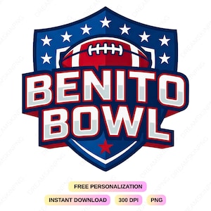 May include: A shield-shaped logo with a football and the words "BENITO BOWL" in bold, white letters. The shield is blue with white stars and a red star at the bottom. The football is red and white.