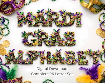 Benutzerdefinierte Mardi Gras Doodle Alphabet PNG Bündel | Karnevalsmaske Buchstaben A–Z | Fetter Montag Wort Kunst PNG | New Orleans Sublimation Herunterladen