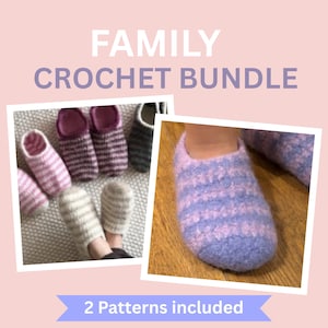 Könnte beinhalten: Das Bild zeigt ein Familien-Häkelpaket. Es zeigt mehrere Paare handgefertigter gestreifter Hausschuhe in verschiedenen Farben, darunter Rosa, Lila und Grau. Der Text "FAMILY CROCHET BUNDLE" und "2 Patterns included" sind ebenfalls sichtbar.